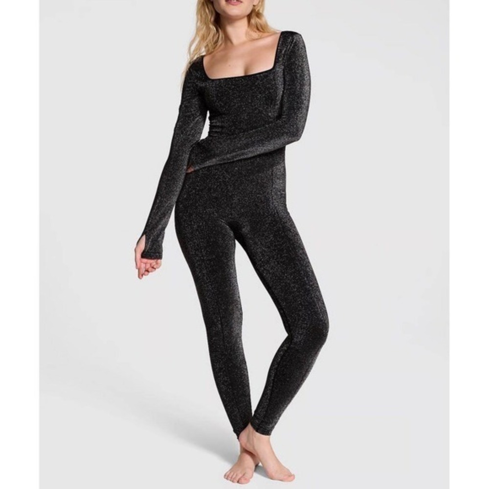 Victoria's Secret PINK Black Shimmer Long Sleeve Bodysuit Jumpsuit Sparkle NWT - Picture 1 of 4